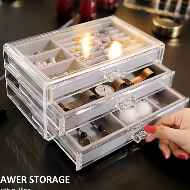 Rak Tempat Perhiasan Tingkat 3 Laci Jewelry Box Rak Akrilik Kalung / Cincin / Gelang / Anting Emas  F635