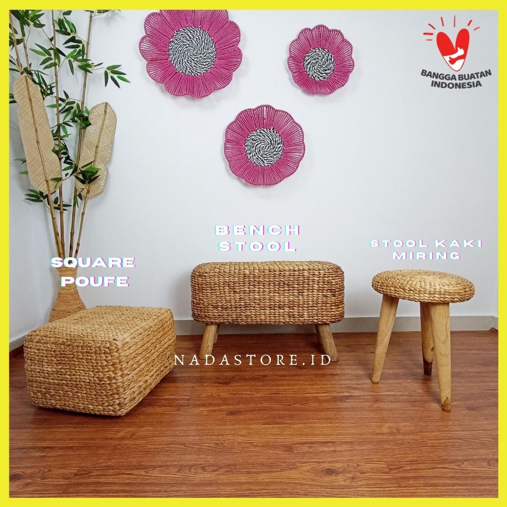 Bench stool // Stool Panjang Anyaman Eceng Gondok //  Long  Waterhyacinth Bench Seat With Wood Legs