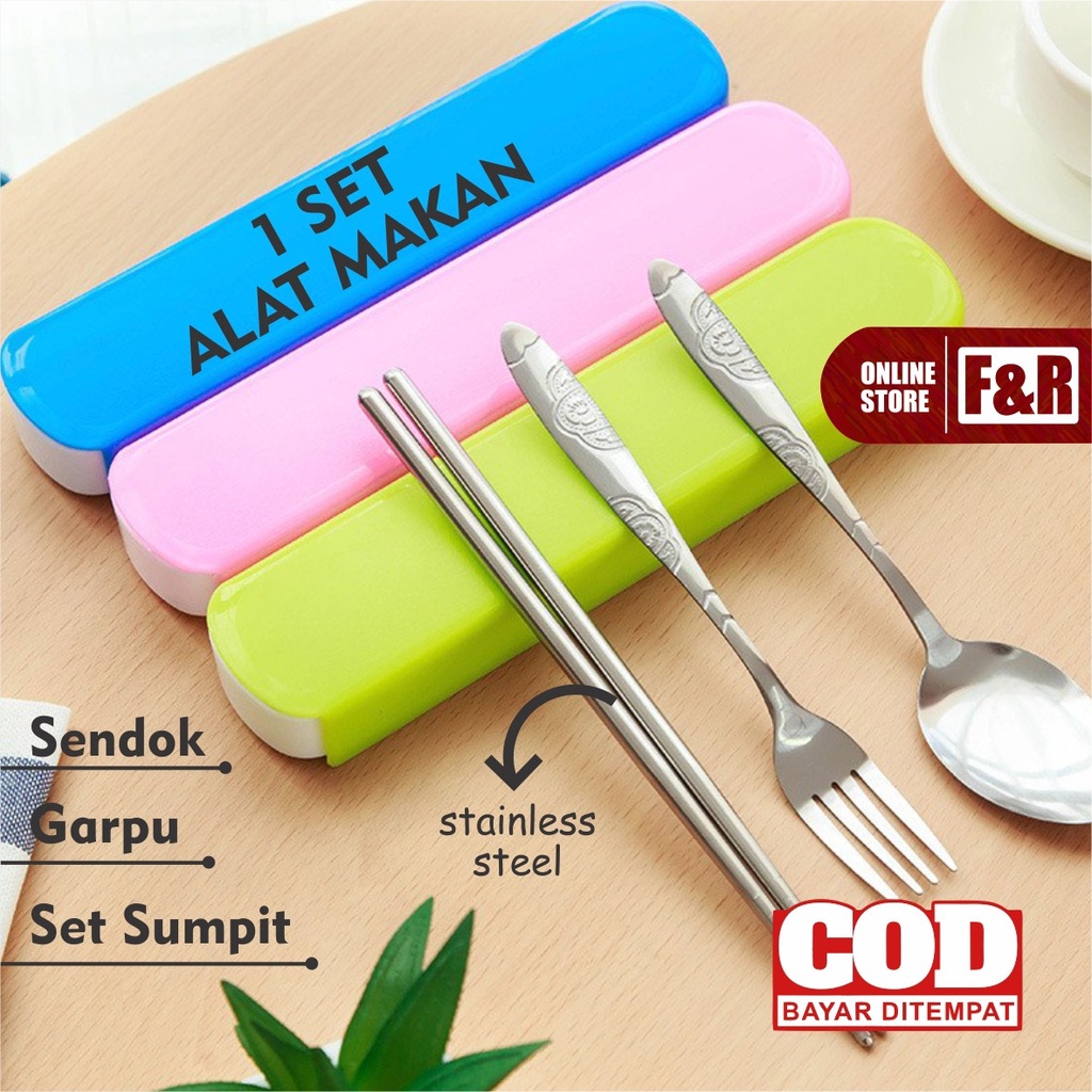 1 Set Alat Makan Sendok Garpu Sumpit Stainless Steel + Box Portable Travel Cutlery Set Food Grade