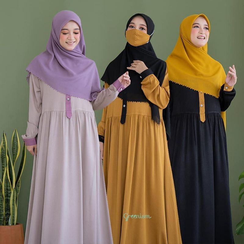 ISWARA DRESS GREENISM / Dress Bahan Toyobo Jaguar / Gamis Polos Motif abstarct