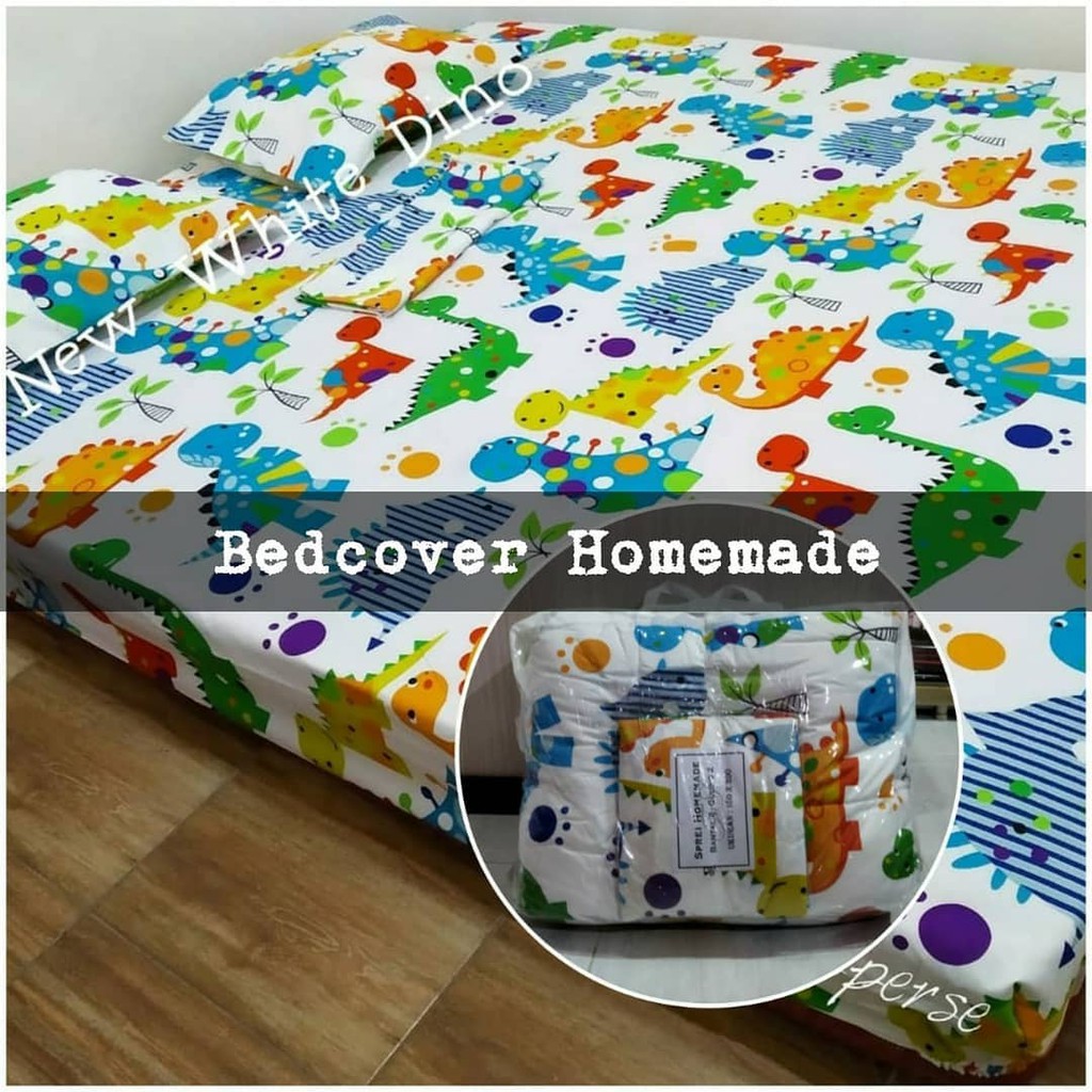 Bedcover set homamade termurah/sprei bedcover karakter anak cewek cowok terlaris motif white dino