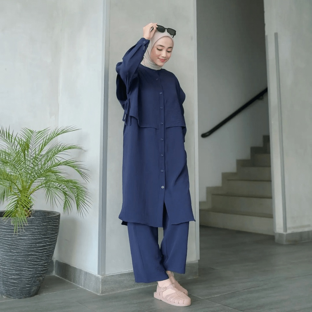 Naura Set Setelan Celana + Tunik Full Kancing Depan Bahan Airflow Crinkle Premium Polos Size XL Ld 110 Jumbo / One Set Celana dan Tunik Wanita Remaja Belah Samping / Setcel Atasan dan Bawahan Wanita Kekinian 2022 / Stelan Long Tunik Terbaru