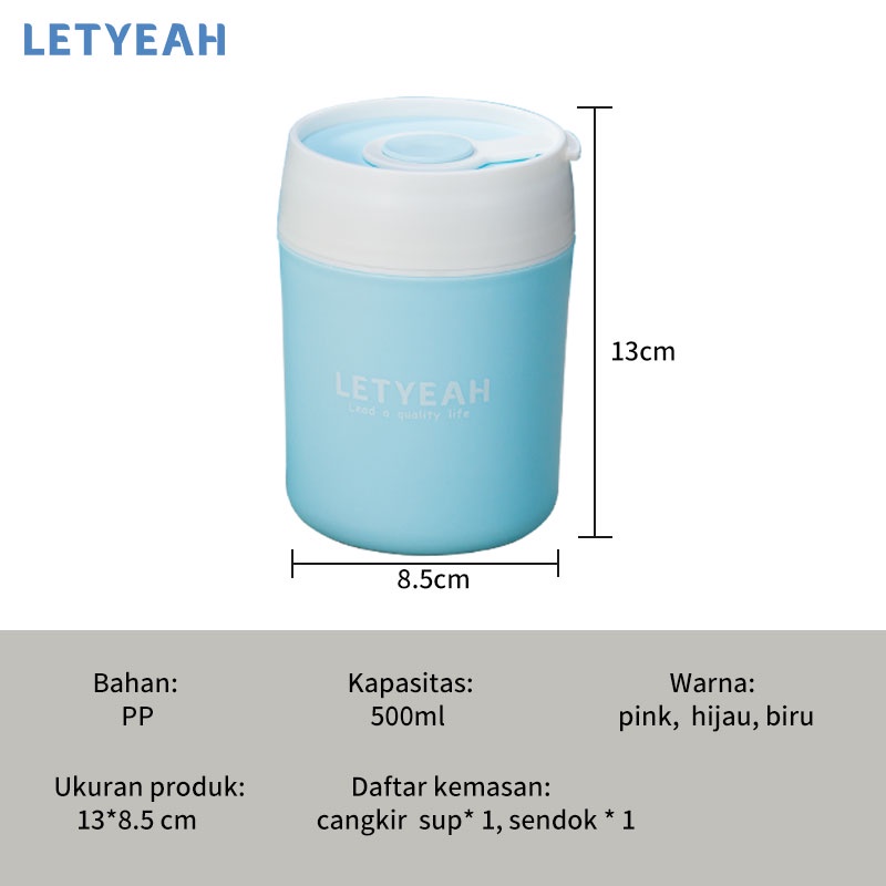 letyeah Cangkir sup kapasitas besar Anti Tumpah Portable sop cup 500ml/Free Sendok