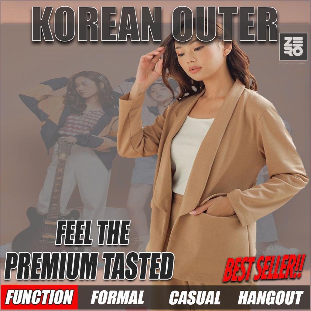 Outer Wanita Blazer Cardigan Jas Korea Cewek Panjang Kekinian  Oversize Bahan Katun Warna Mocca