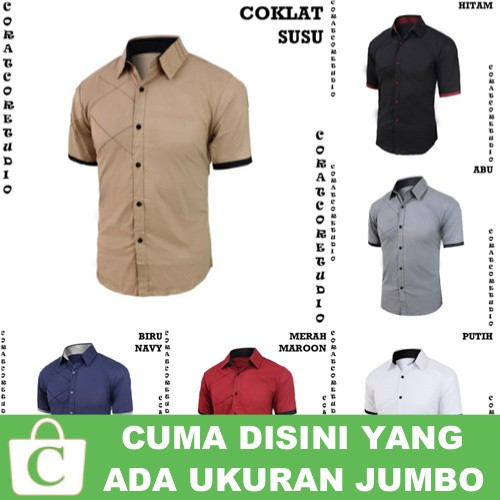Kemeja Pria Hem Cowok Reguler Slim Fit Lengan Pendek Polos X PUTIH HITAM ABU BIRU MERAH COKLAT SUSU