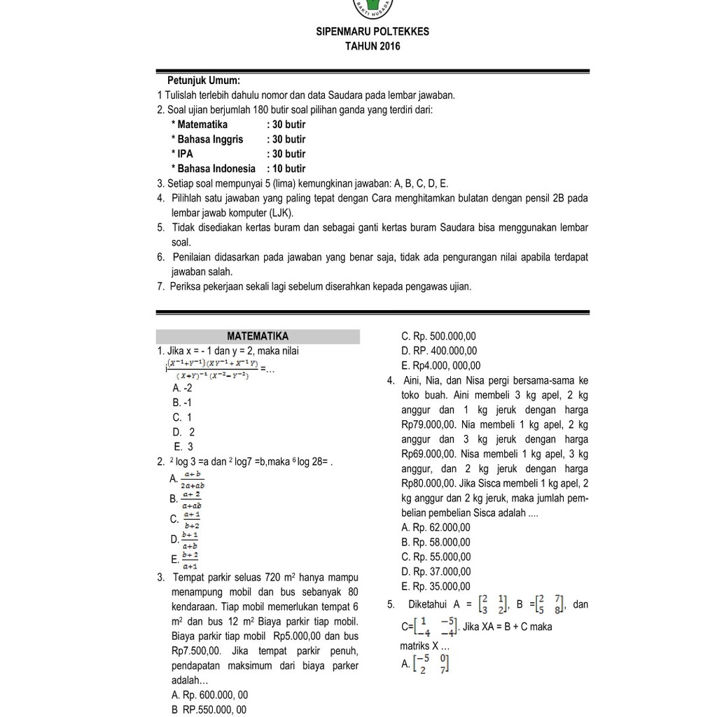 Soal Tes Masuk Poltekkes Semarang Jawabanku Id