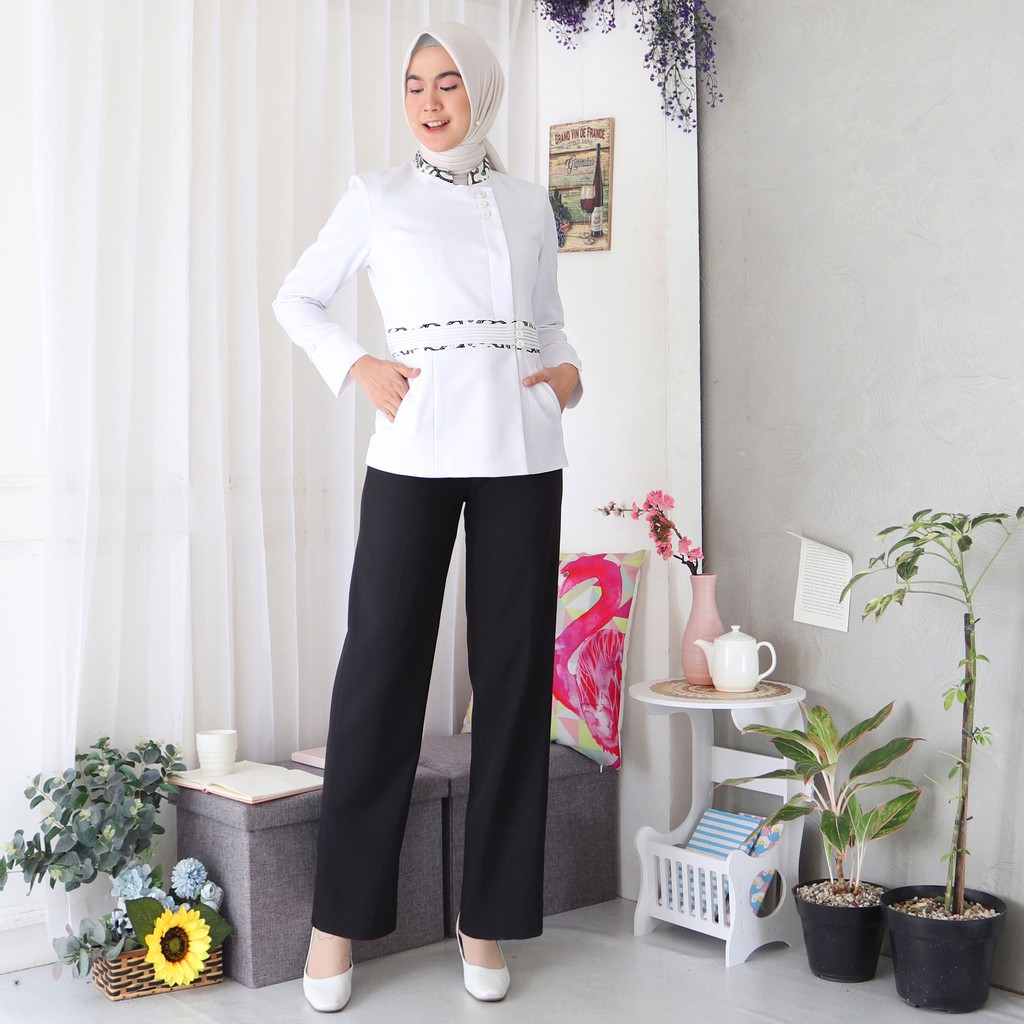 BLAZER WANITA B&amp;V LYNELLE / Seragam PNS / Baju PDH PNS Wanita / Baju Dinas Pemda Wanita / Baju Khaki PNS Wanita / Seragam ASN Wanita / Baju Guru Wanita - 7007 PUTIH HITAM