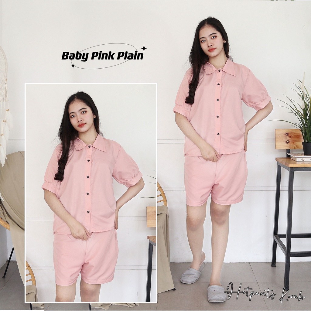 IZANY Piyama Dewasa Hotpant Lengan Balon / HP / Set Celana Pendek Dewasa banyak varian RAYON-BABY PINK PLAIN SA