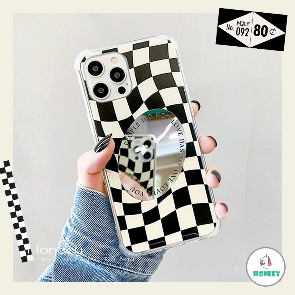 Ins Checkerboard Spin Make Up Mirror Phone Case compatible for IPhone 14 13 12 11 Pro Max X Xs Max XR 8 7 Plus Shockproof Transparent Soft TPU Back Cover