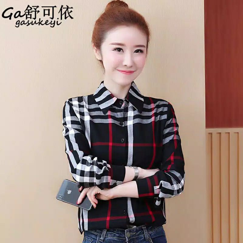 GSL Kemeja Wanita Casual Kotak Hitam Jumbo Korea Lengan Panjang Import Polos Motif Kotak Kotak