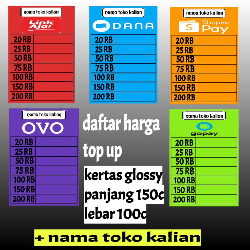LIST DAFTAR HARGA OVO,DANA,SHOPEPAY,GOPAY,LINK