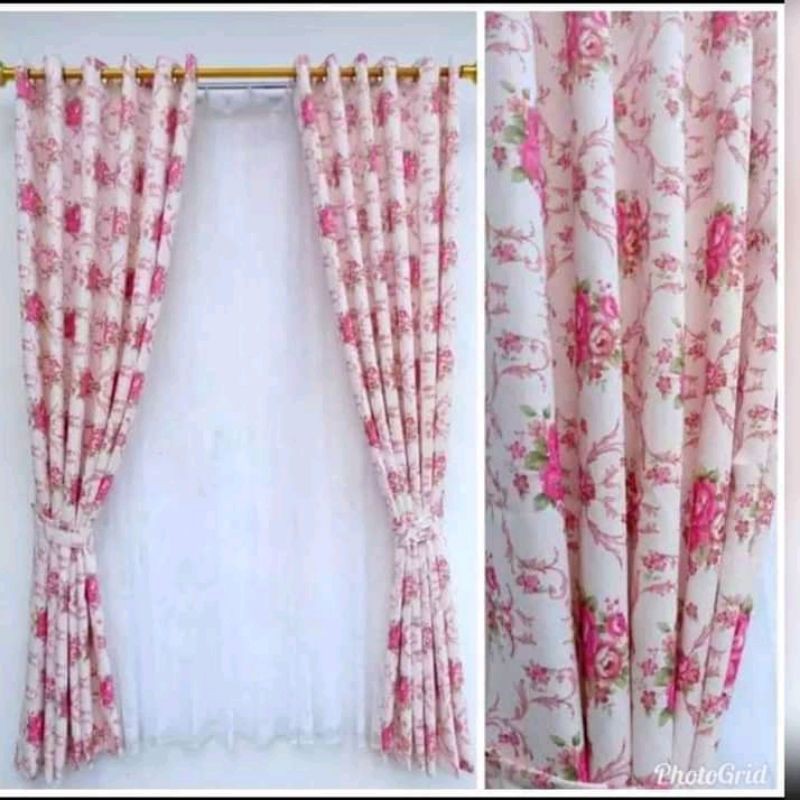 gorden jendela shaby motif bunga sakura pink