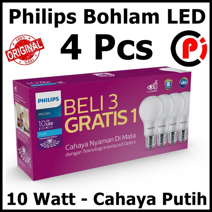 Philips Lampu Bohlam LED 10W 10 Watt Cahaya Putih MyCare Isi 4 Pcs