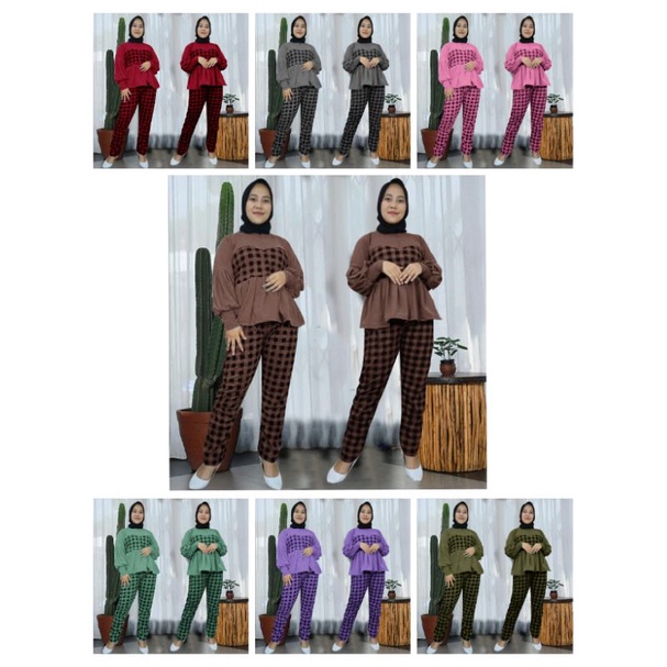 Pakaian Wanita Stelan Baju Lumbai Lengan Panjang Celana Slim Fit Murah Kekinian/Set Mona Kotak Allsize/Bahan Voxy