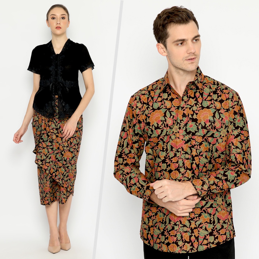 BATIK COUPLE KELUARGA  Kemeja Rok Lilit Instan Batik Pria Lengan Panjang Slimfit Premium Hitam Orange 727671 Cap 72 - Baju Kemeja Atasan Pakaian Batik Couple Cople Pria Cowok Laki Laki Remaja Keluarga Lengan Panjang Modern Slimfit Premium Kekinian