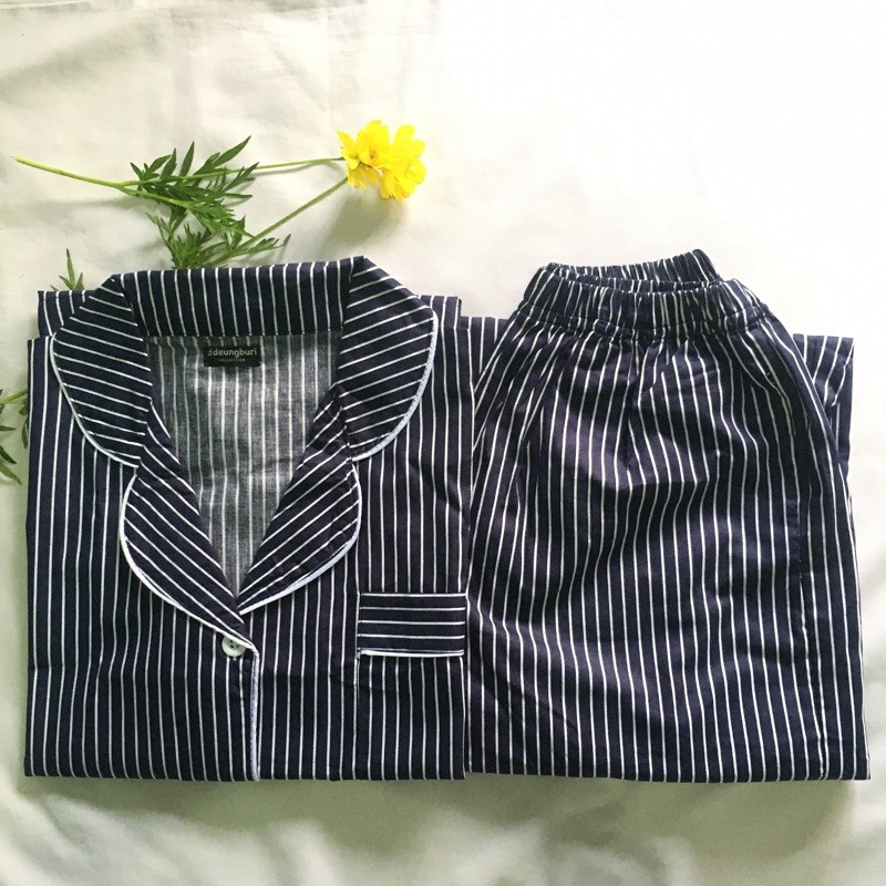 Piyama Katun Jepang Motif Salur Navy
