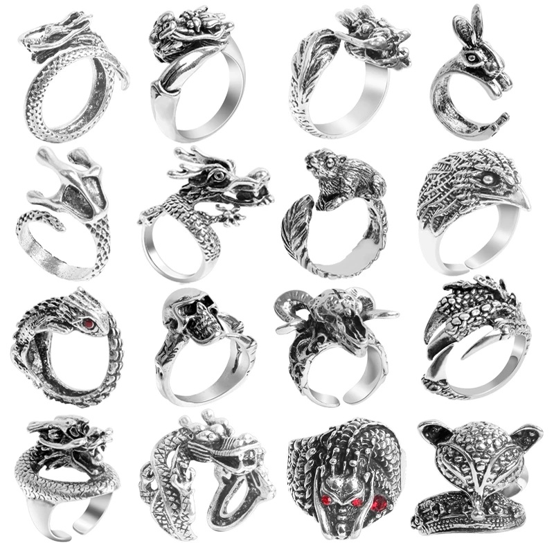 Cincin Model Kepala Serigala Tengkorak Burung Hantu Bintang Laut Bahan Alloy Gaya Punk Vintage Untuk Unisex