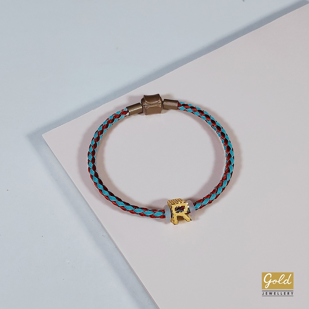 Gelang tali emas kuning 700 16k charm inisial alphabet huruf R bsr