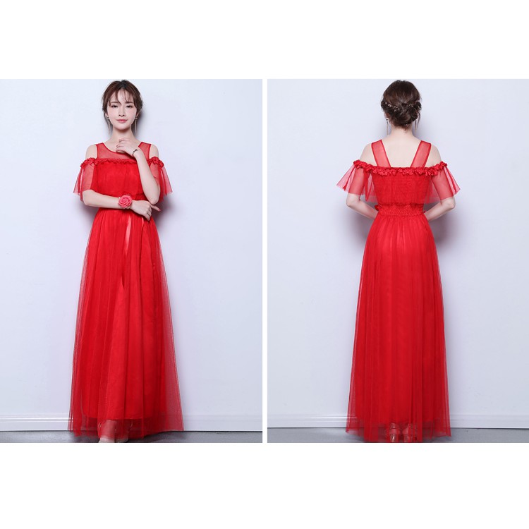 LD.129E GAUN PESTA PANJANG MERAH MODEL SABRINA KOREA STYLE