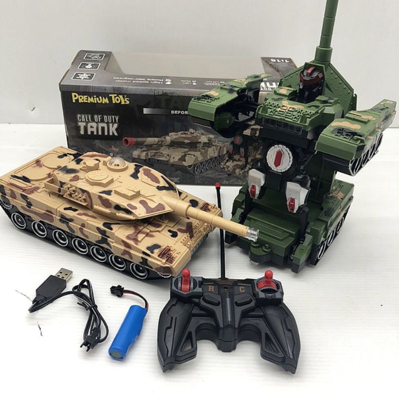 RC Tank Jadi Robot Tentara Transformers Remote Control nyala Lampu dan Bunyi Suara Tembak Baterai Ca