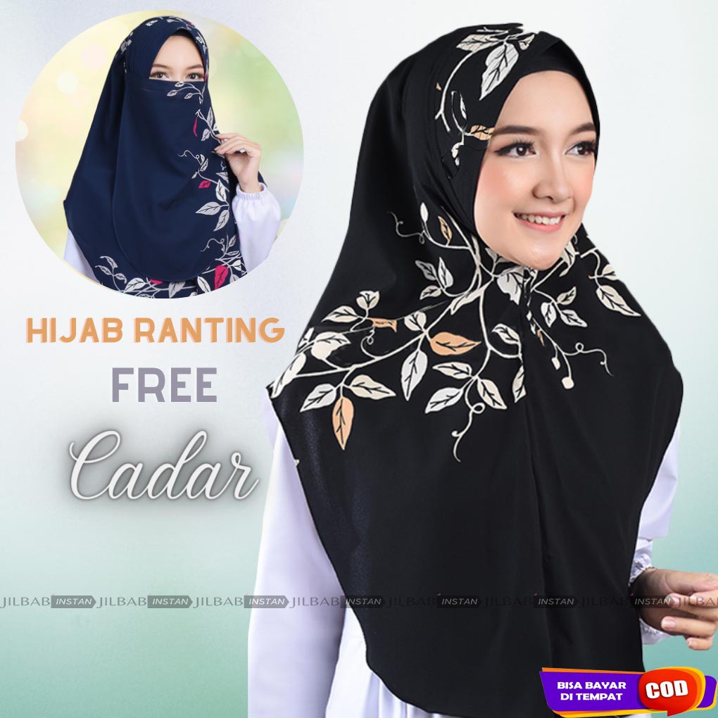 Jilbab Instan Langsung Pakai Masker Bergo Tali Pad Antem Hijab Motif Bunga Ranting Free Cadar 2in1