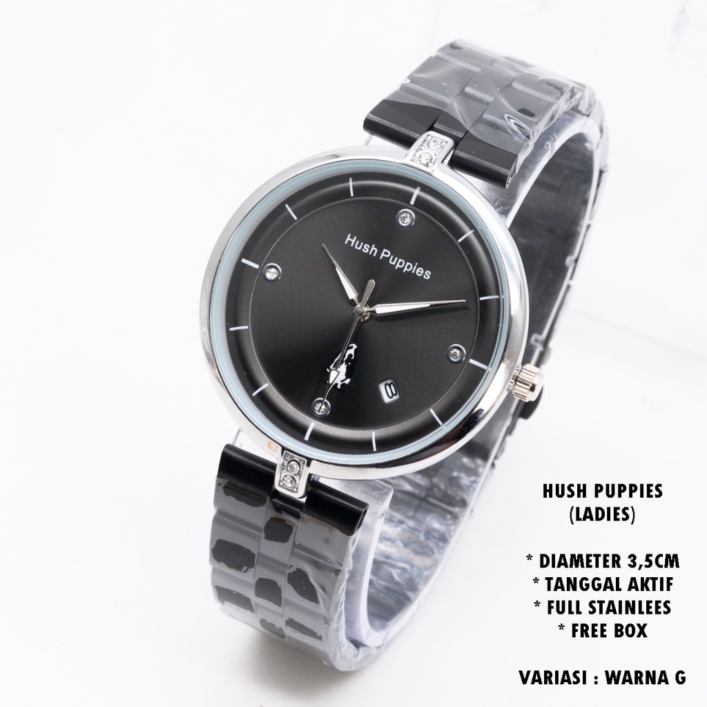 (BISA COD) JAM TANGAN WANITA HUSH PUPPIES H-059 RANTAI BODY BULAT TANGGAL AKTIF