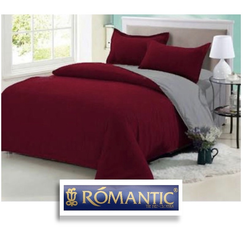 Bedcover sprei set ROMANTIC dua (2) warna 180 x 200 custom Katun Jepang Merah x Abu kasur double