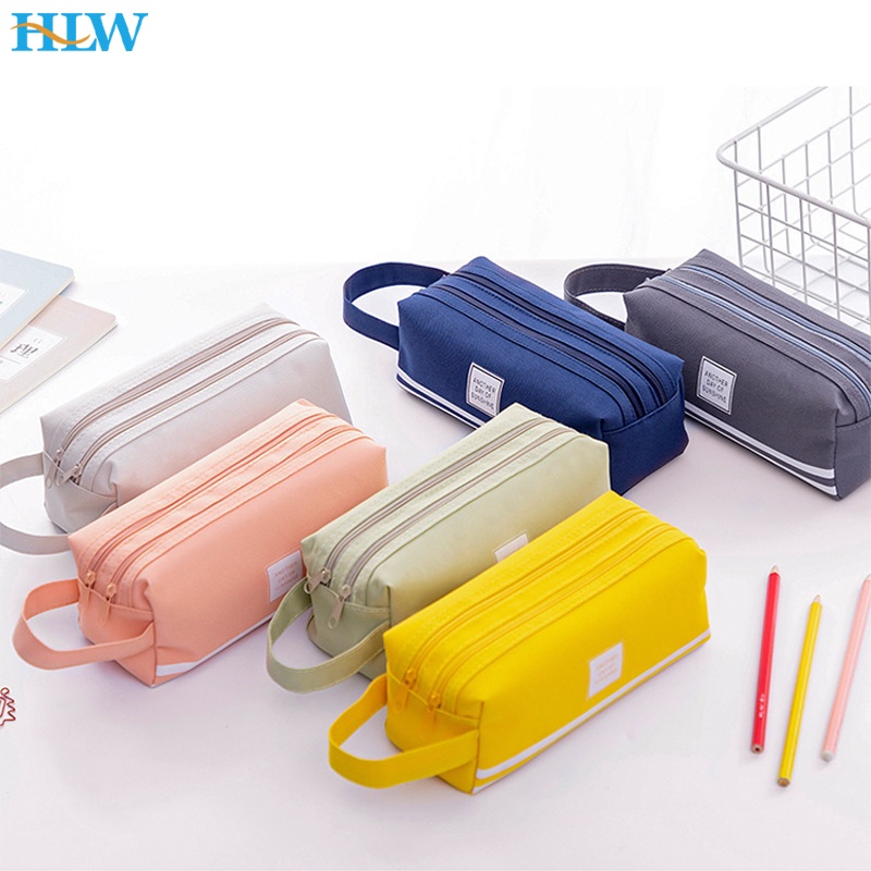 

Portable canvas pencil case School supplies storage bag Double layer pencil bag student pen bag cute