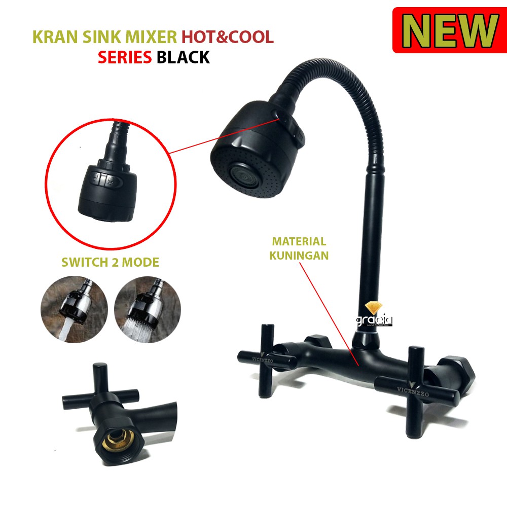 Kran Sink Flexible Tembok Kran Air Mixer Air Panas Dingin Series Black Original Bahan Full Kuningan