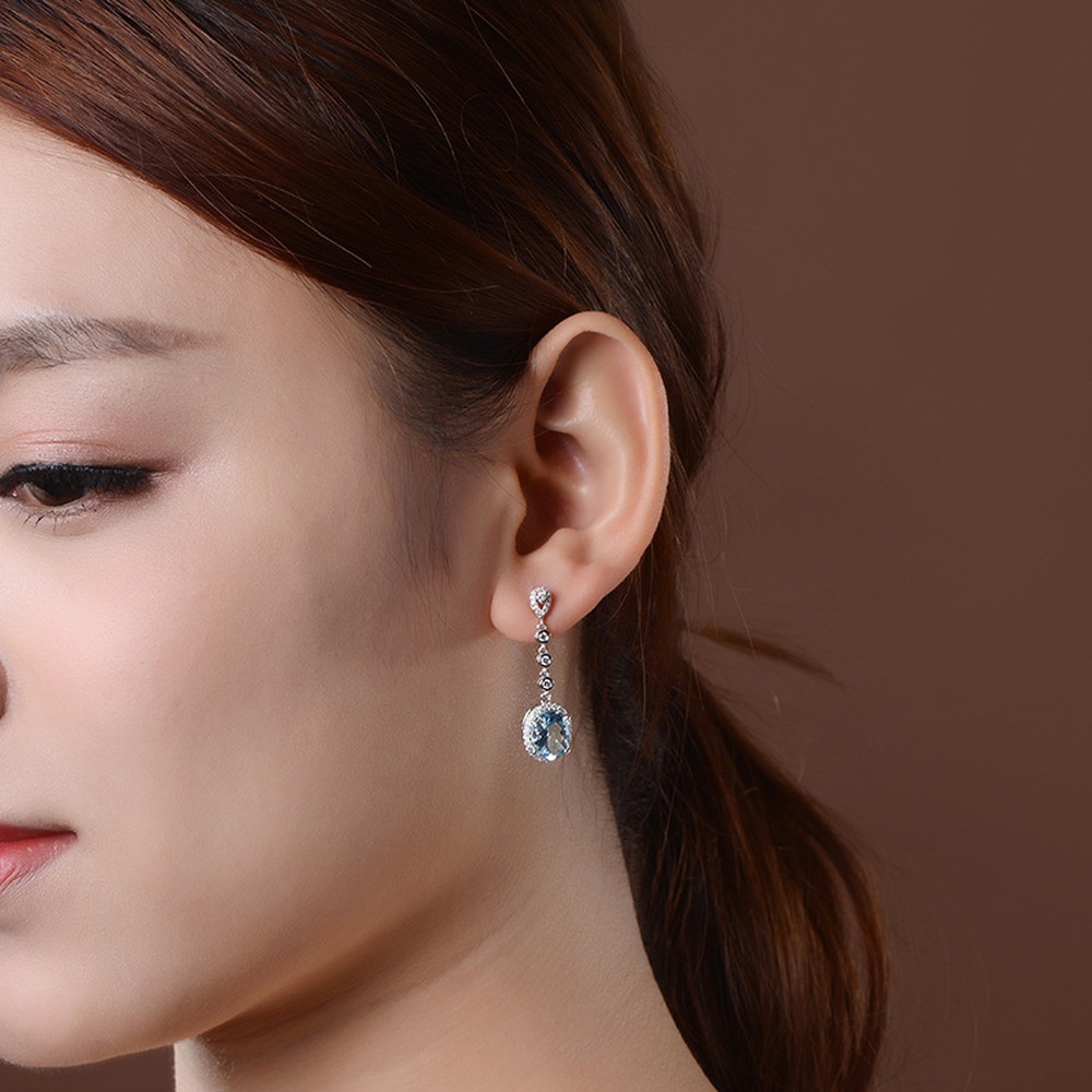 Anting Gantung Panjang Model Oval Dengan Topaz Biru Laut Untuk Wanita