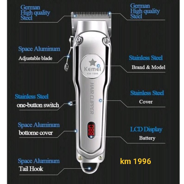 Alat Mesin Cukur Pangkas Rambut Kemei Km 1996 Hair Clipper Recharger Potong Rambut Pria Dewasa Silver