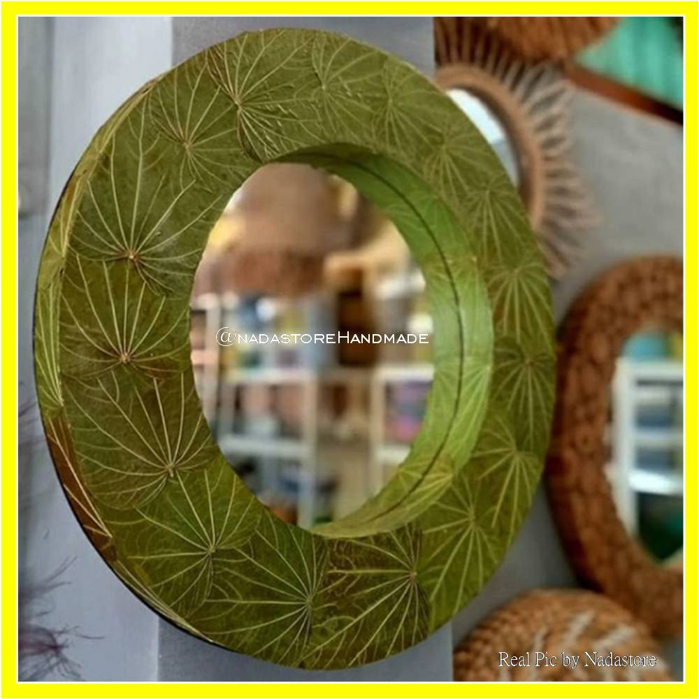 NEW ARRIVAL Nadastore Cermin Motif Daun Dadap Asli Diameter 50cm + Palet Kayu