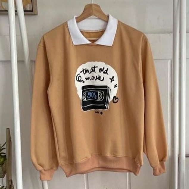 COD - Old Movie Sweater Combi Kerah Premium Fleece Tebal Outerwear Remaja Wanita Korean Style-Cream