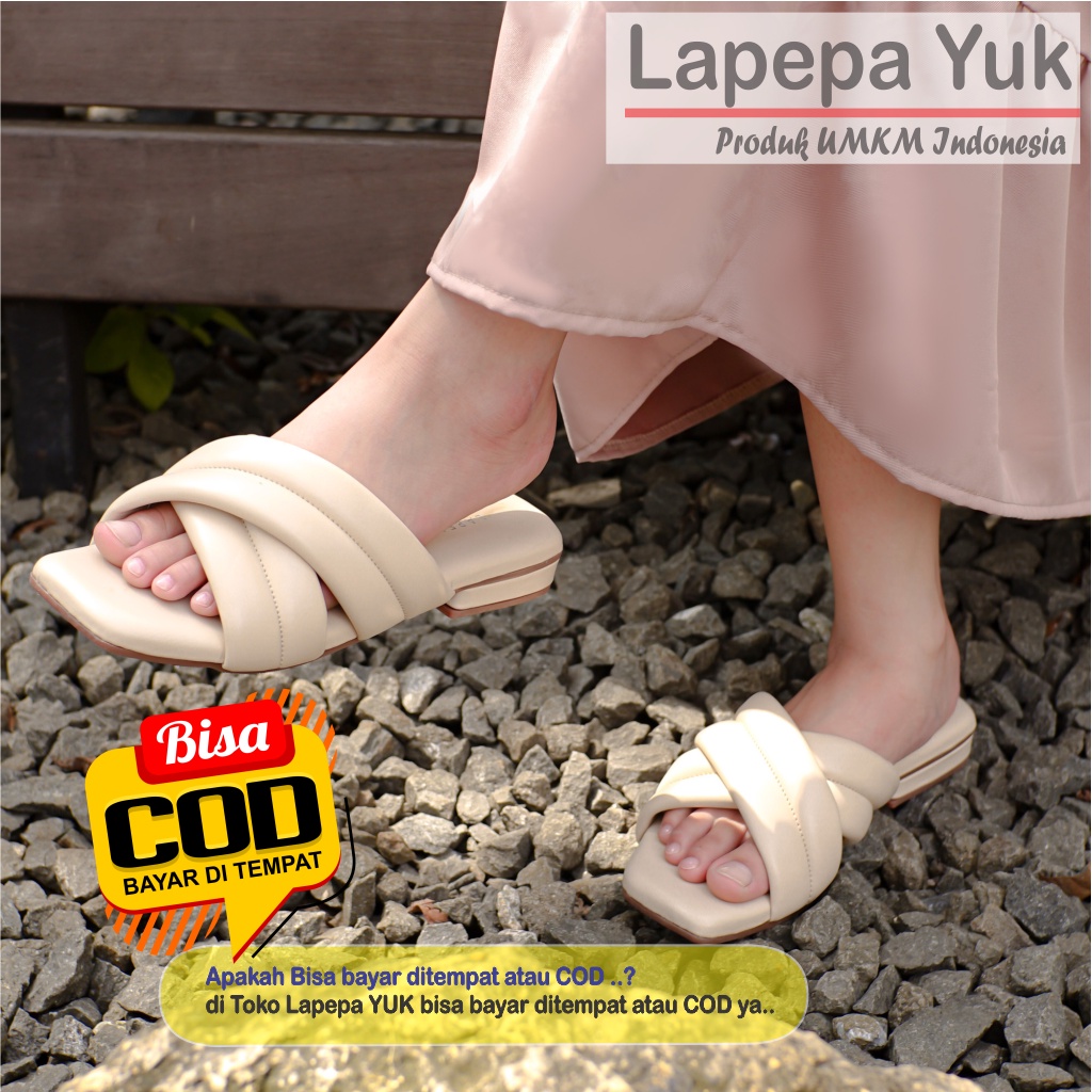 LAPEPA YUK - Sandal Wanita Teplek VEERA Sendal Cewek Platform Wedges Kondangan Hak Tinggi  2cm Model Silang 2 Size 36 37 38 39 40 Casual Santai Rumah Slop Warna CREAM Soft Selop Premium Citayem Fashion Original Kekinian Terbaru Shoes Mall Official Store