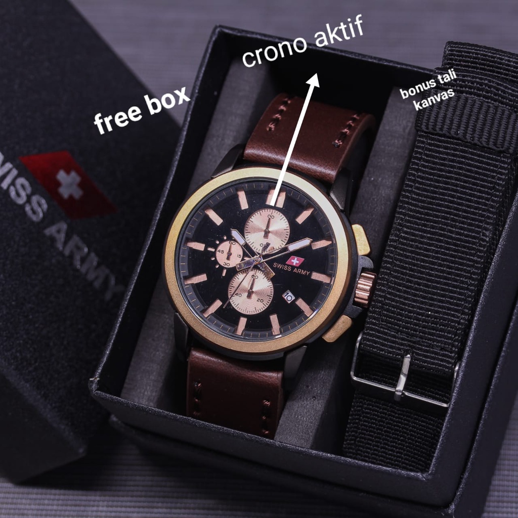 Jam Tangan Pria E31451V Tali Kulit Tanggal Chrono Aktif Free Box Exclusive Tali Kanvas &amp; Baterai