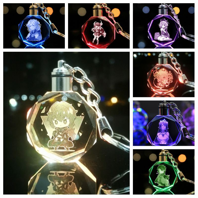 Genshin Impact Wendy Klee Keqing QiQi Crystal Keychain LED Colorful LightPendant