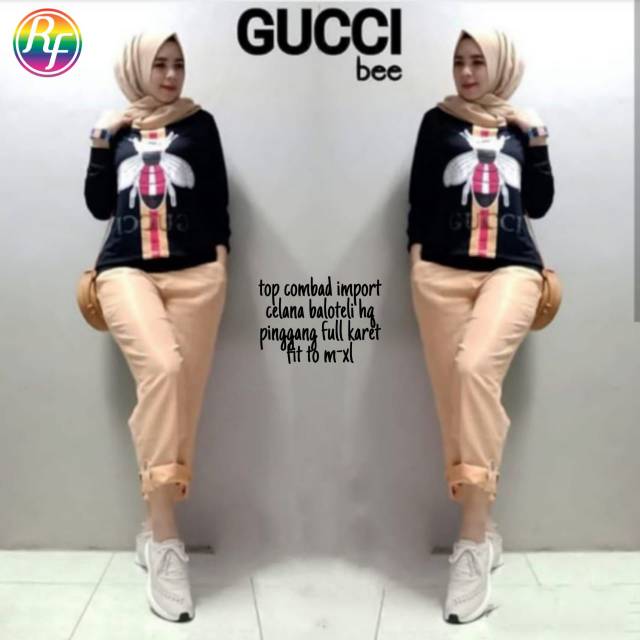 Baju setelan wanita top combad import dengan celana balotely by Gucci bee