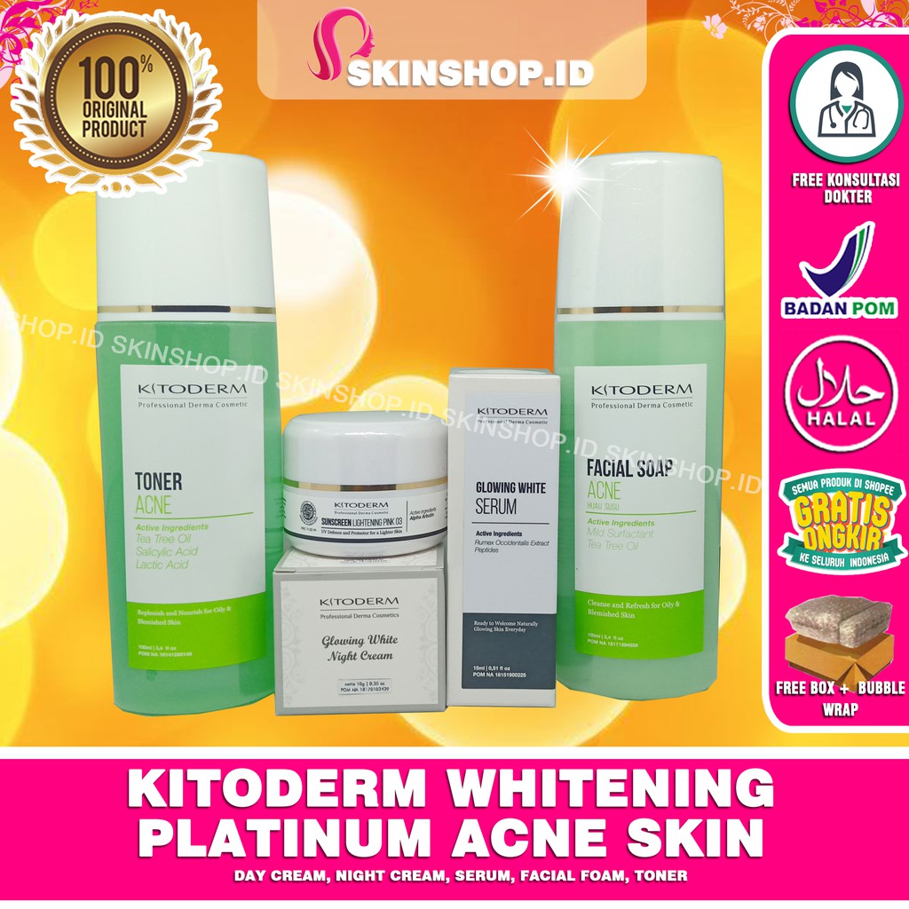 PAKET Kitoderm Whitening Platinum Acne Skin Original / Paket Pemutih Anti Jerawat isi 5 BPOM Aman