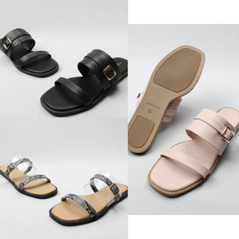 CrazySale❣ Cakep URBAN&CO ORIGINAL 100% TALYN BLACK PINK CROC SANDAL SENDAL WANITA FLAT HITAM KERJA 