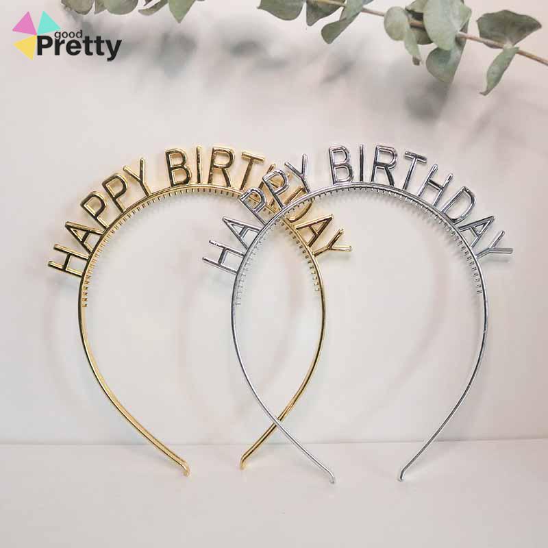 Bando Happy Birthday Jepit Rambut Bentuk Mahkota Tulisan Warna Rose Gold Silver Untuk Dekorasi Pesta Ulang Tahun ikat kepala