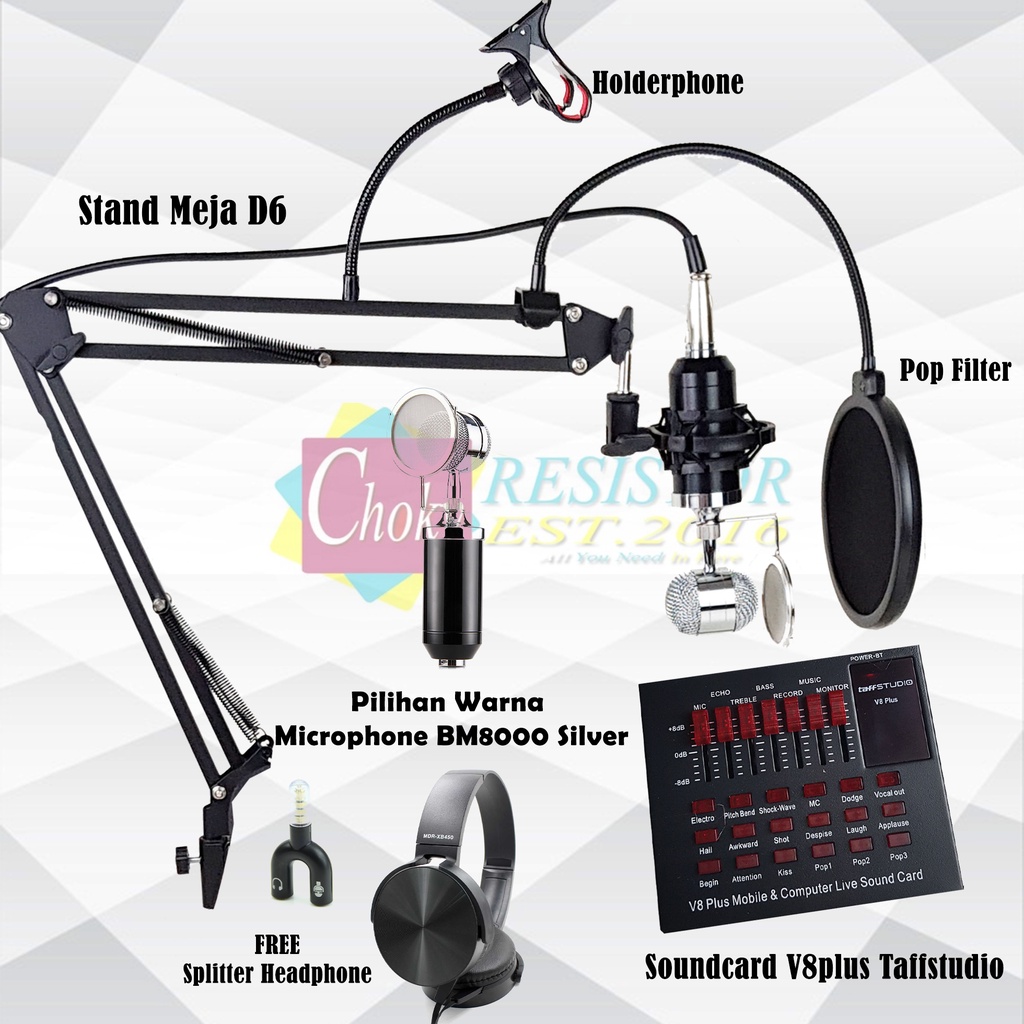 Paket Lengkap Full Set Microphone Condenser BM8000 dan Soundcard V8Plus FREE HEADPHONE Holdephone-Silver