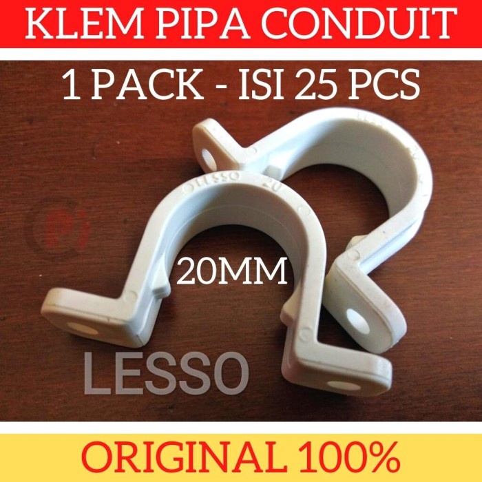 Isi 25 Pcs LESSO Klem Conduit 20mm 1/2&quot; Penjepit Pipa Listrik U Style