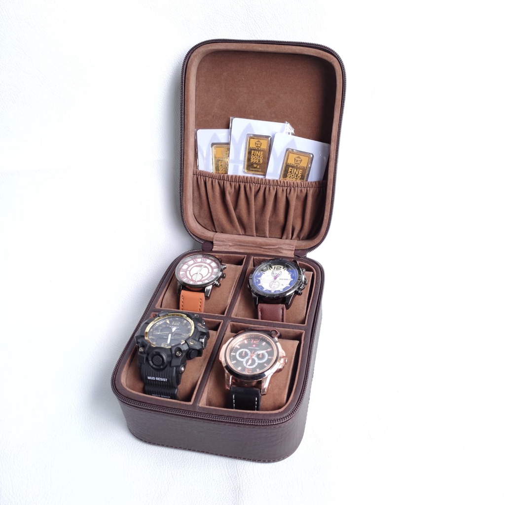 PORTABLE - 4 Slot Travel Watch Box Leather / Promo Kotak Tempat Jam Tangan Kulit JUMBO