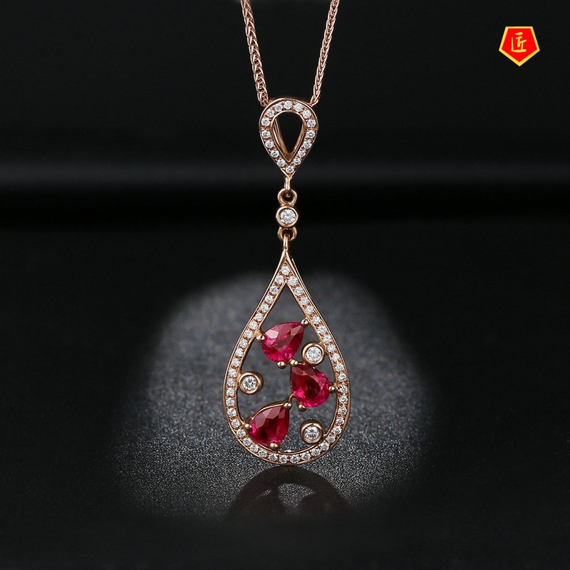 [Ready Stock]18K Rose Gold Necklace Women's Elegant Three-Color Gem Drop-Shaped Pendant