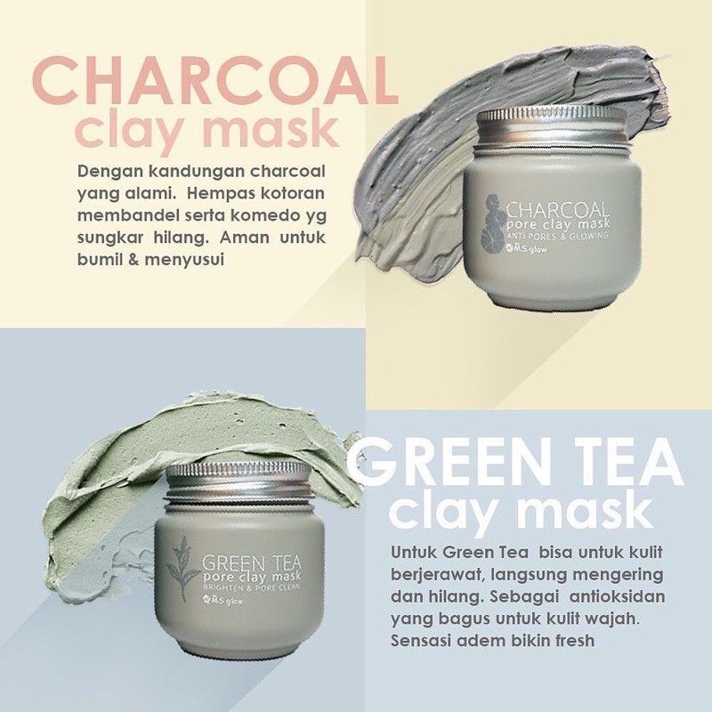 Green tea clay mask ms glow/ Charcoal clay mask ms glow masker wajah original bisa cod