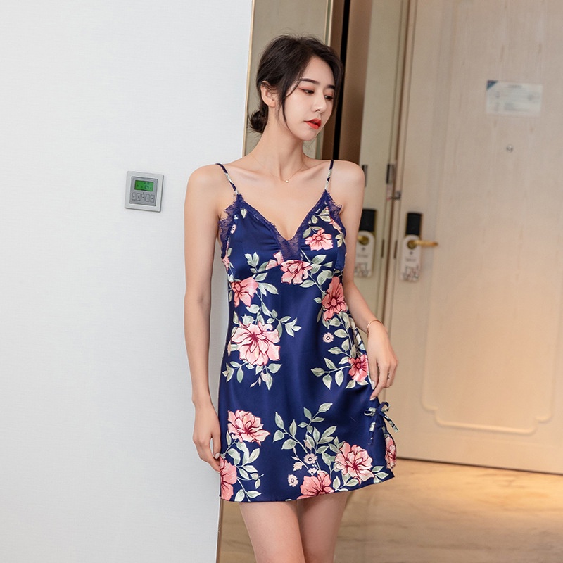 Musim Semi dan Musim Panas Baru Es Sutra Piyama Wanita Versi Korea Fashion Printing Suspender Rok Baju Tidur Pakaian Rumah