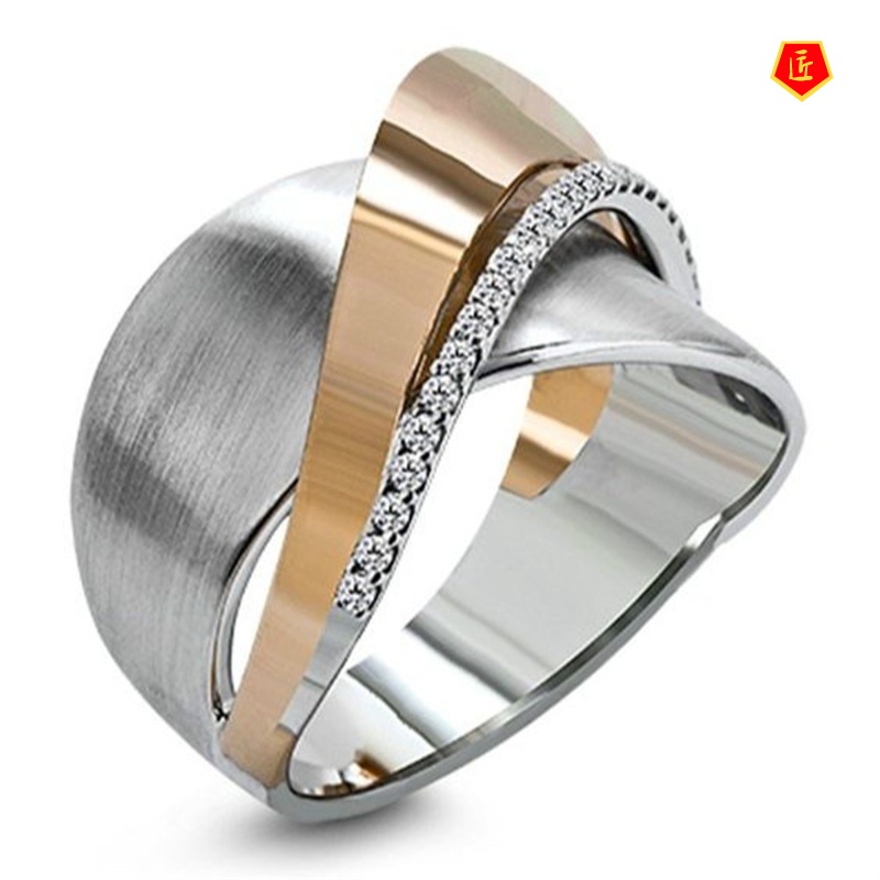 [Ready Stock]Creative Cross 18K Gold Two-Tone Diamond-Studded Ring
