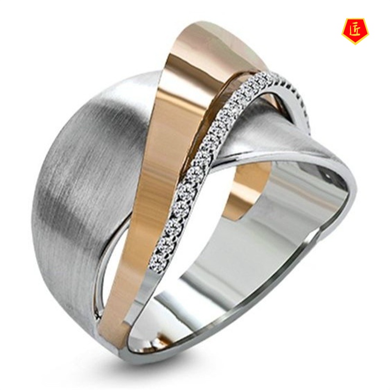 [Ready Stock]Creative Cross 18K Gold Two-Tone Diamond-Studded Ring