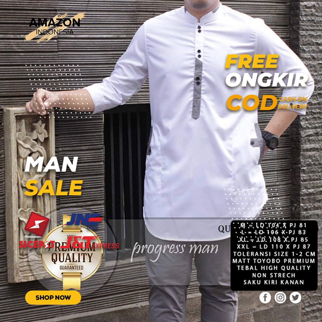 PAKAIAN MUSLIM PRIA BAJU KOKO LENGAN 3/4 WARNA WHITE PUTIH POLOS KAIN KATUN TOYOBO PREMIUM TEBAL ORI