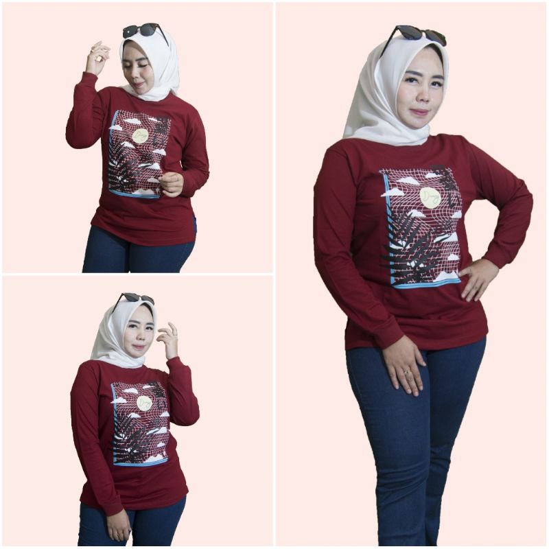 Kaos Lengan Panjang Wanita Warna Maroon Motif Casual Hijab Terbaru Style Zolaqu